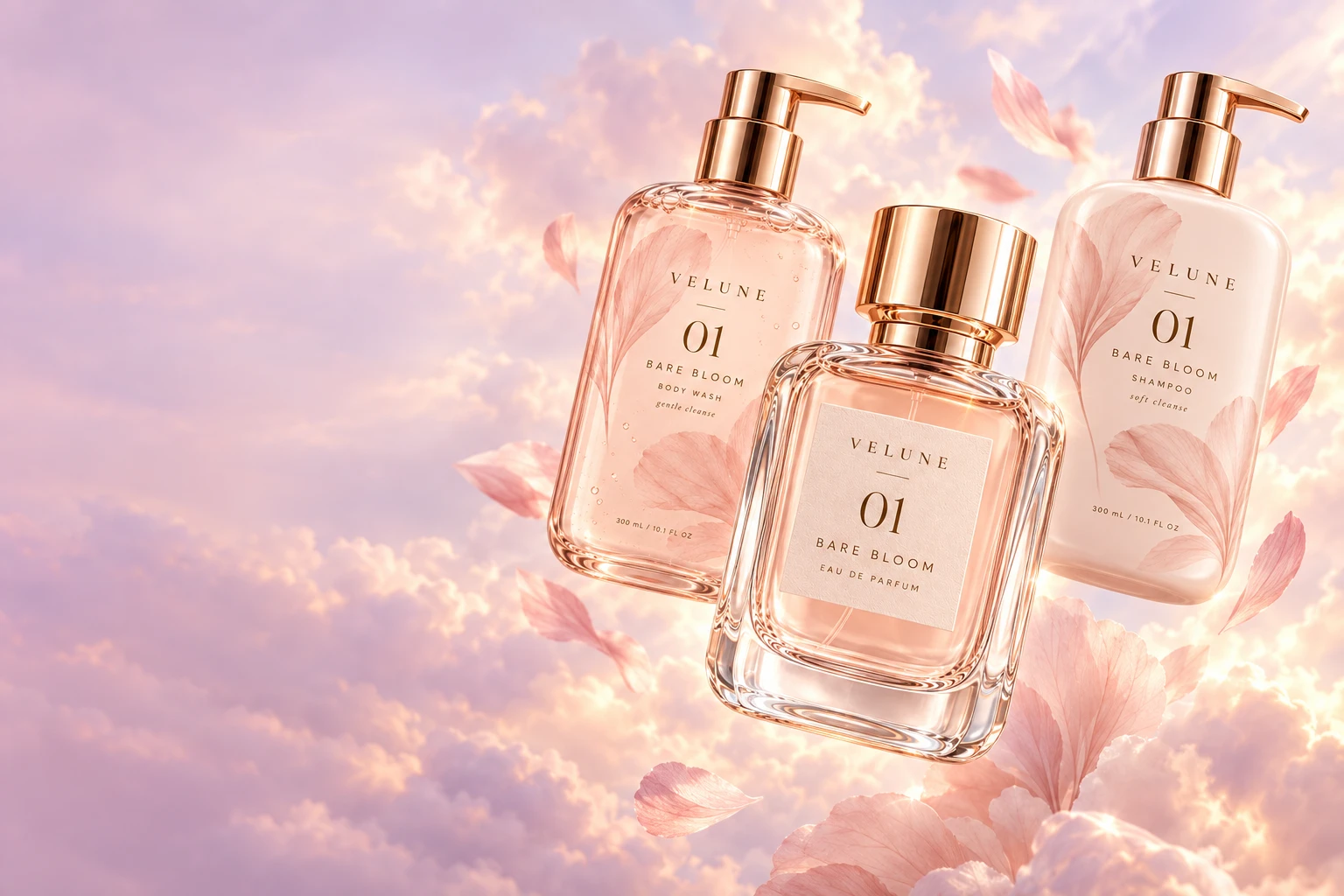 VELUNE Bare Bloom fragrance and body-care collection among soft clouds